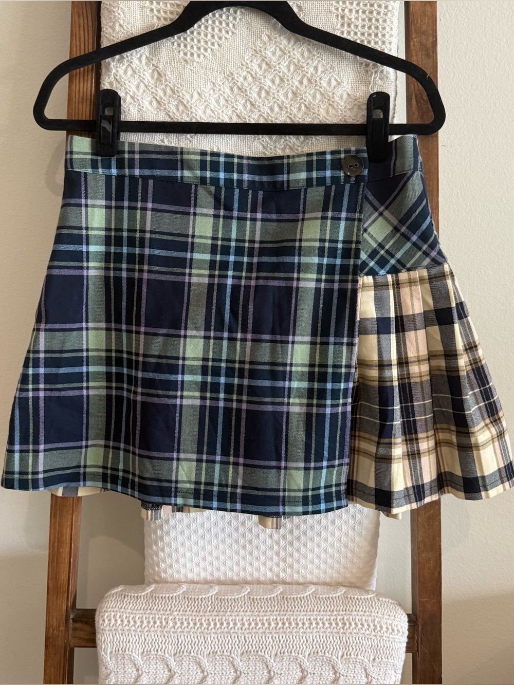 Urban Outfitters Mixed Contrasting Blue & Olive Plaid Pleated Wrap Mini Skirt